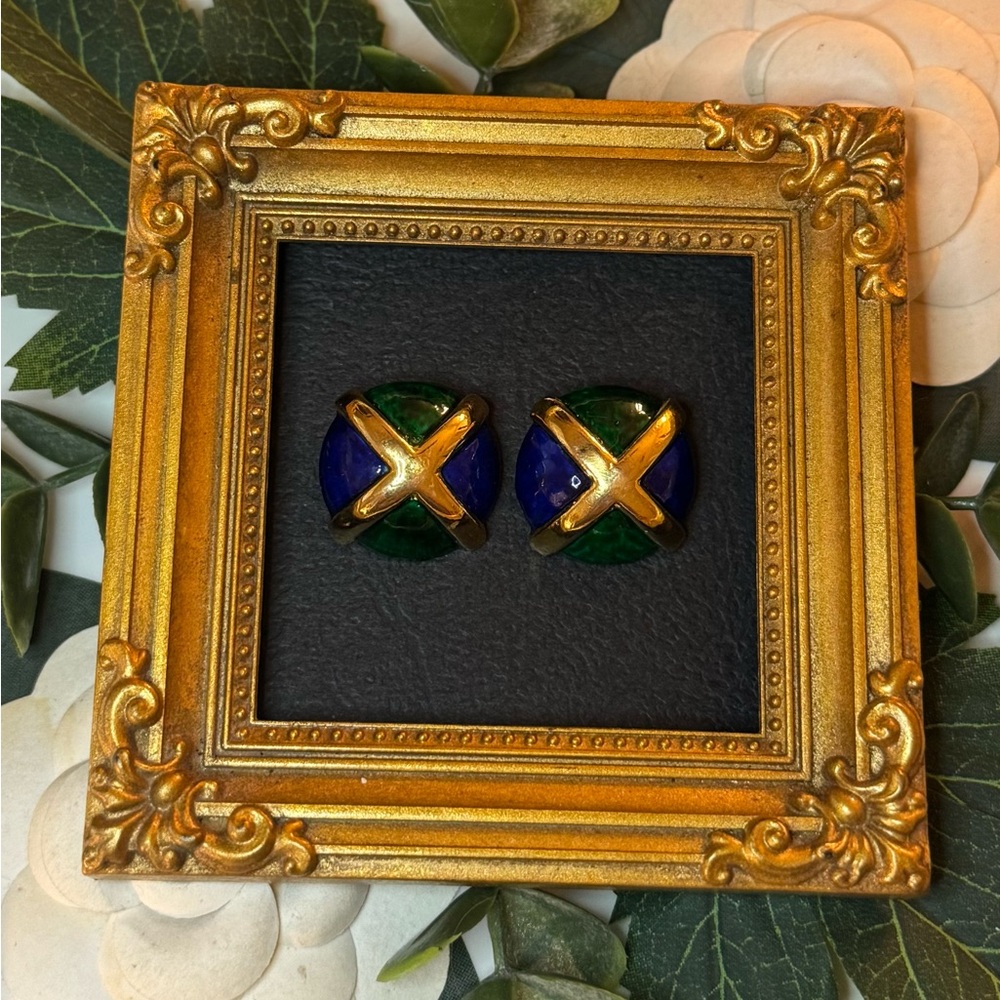 VTG Fabulous Blue and Green Marbled Enamel Goldtone Earrings - Picture 5 of 15